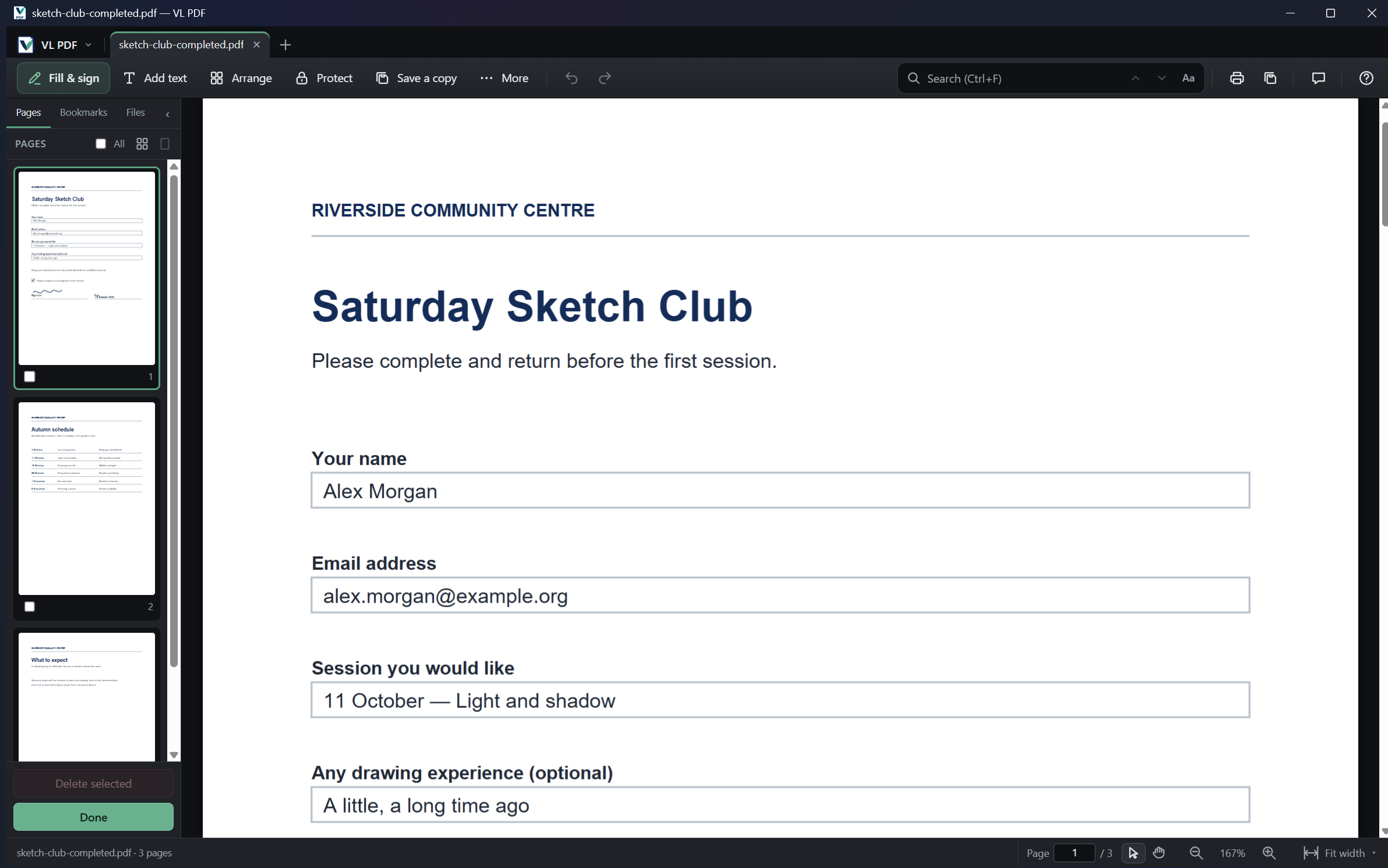 VL PDF in page-organising mode, with three sample pages and selection boxes beside the document.
