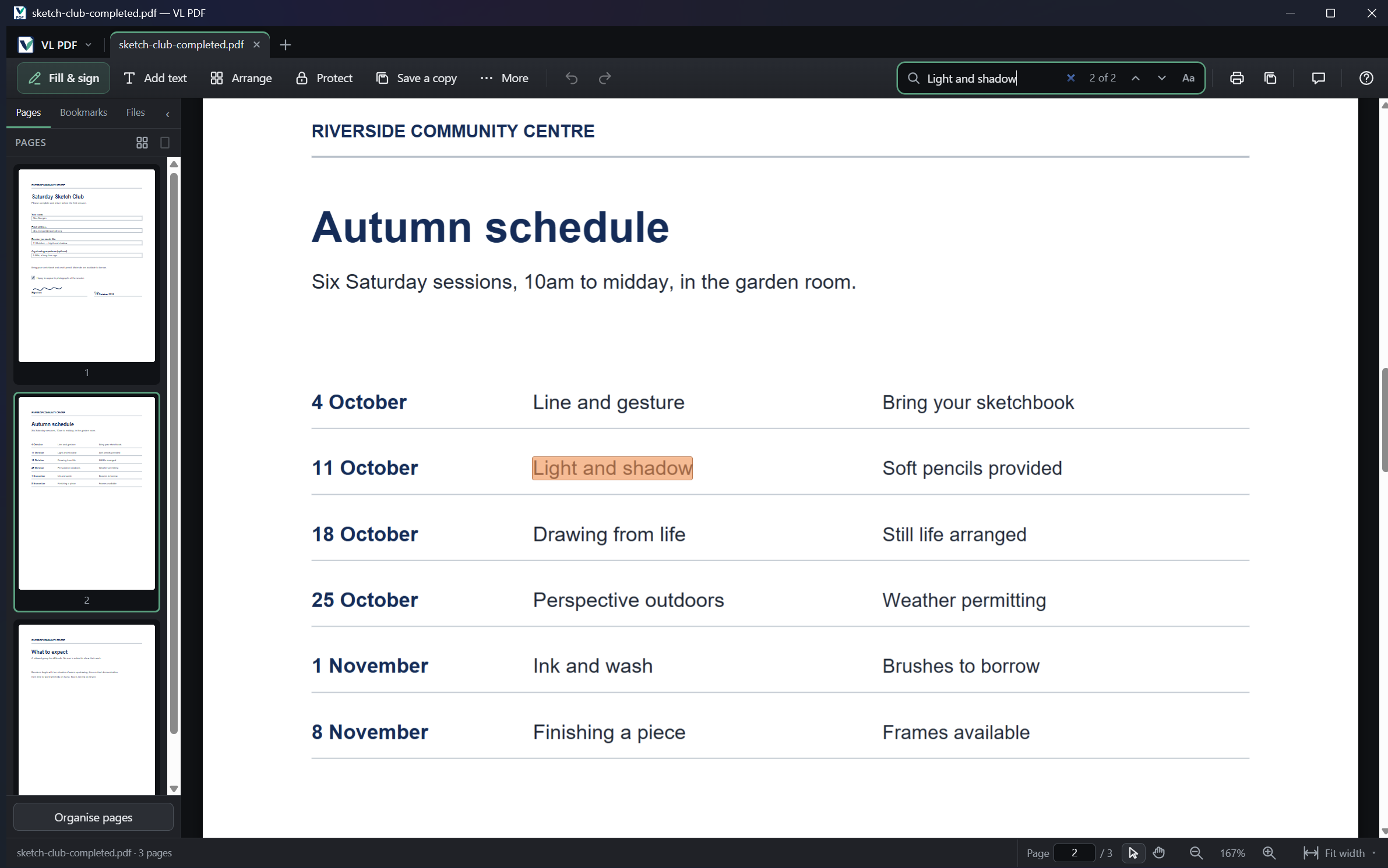 VL PDF highlighting Light and shadow in a sample schedule, with two search matches counted.