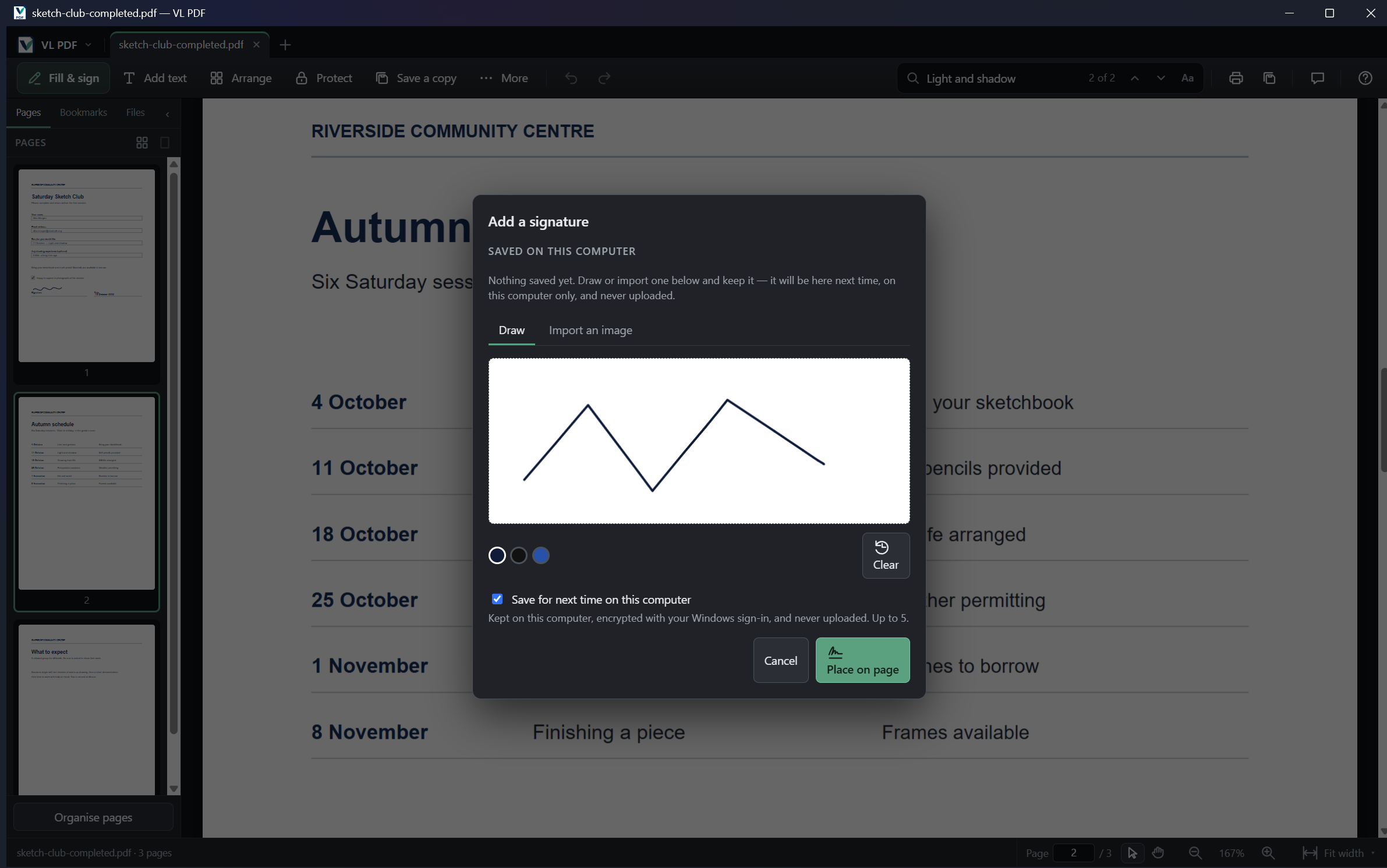 The Add a signature panel in VL PDF, with a signature drawn and ready to place on the page.